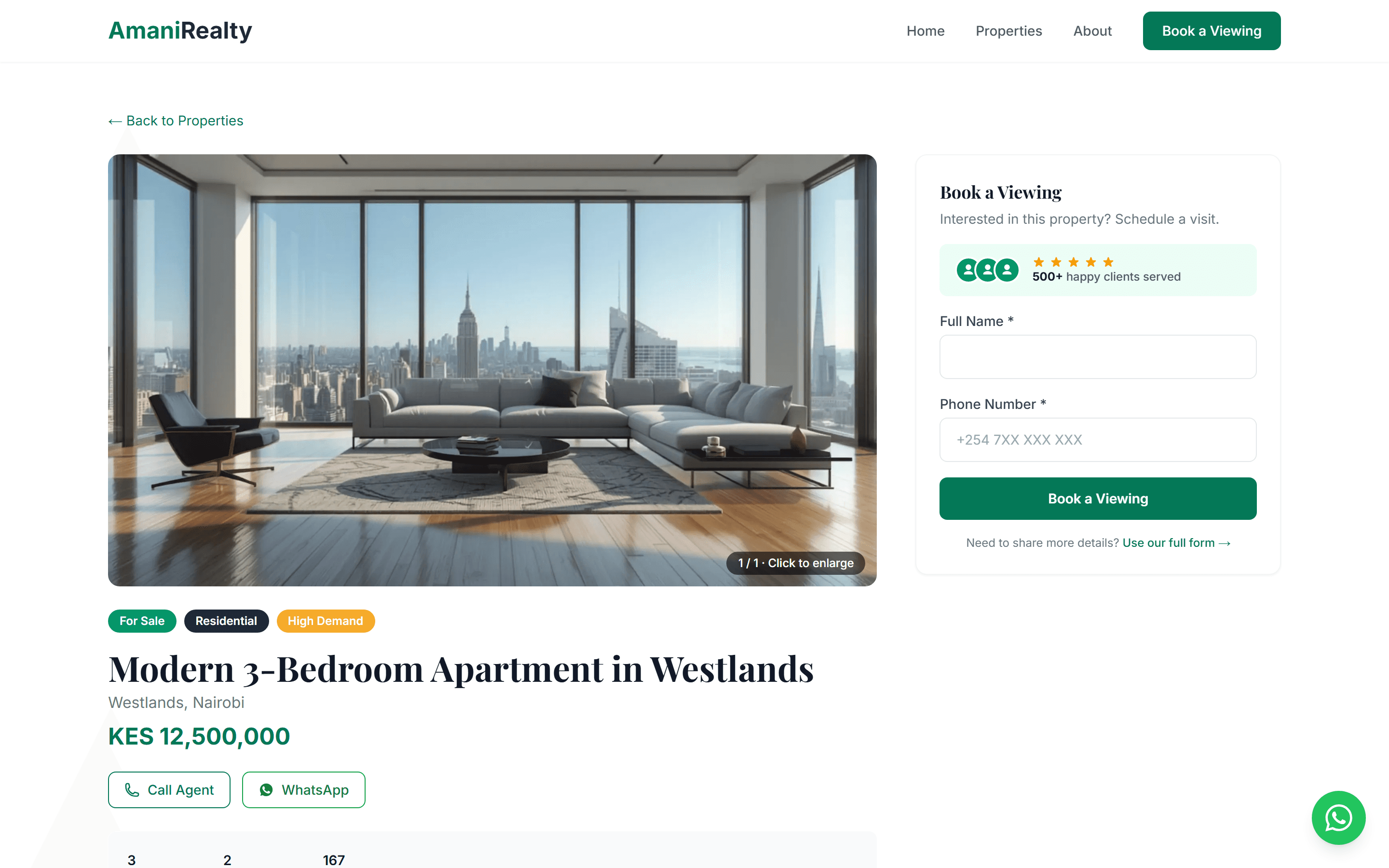 An Amani Realty property detail page on a desktop browser.