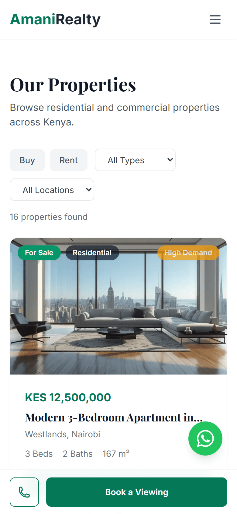 The Amani Realty property listing page on a mobile device.